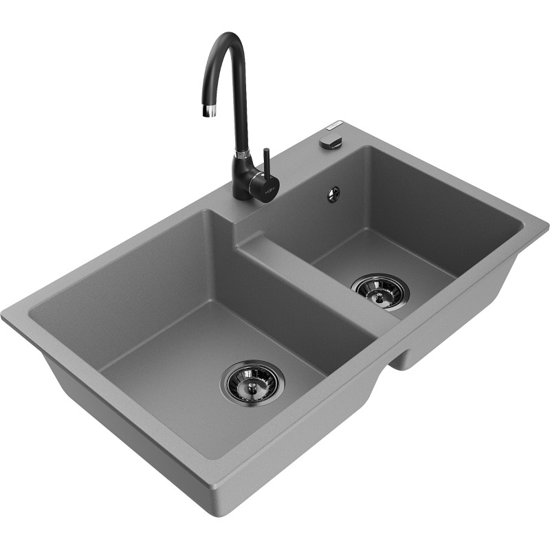 Mexen Tomas évier en granit 2 cuves avec robinet de cuisine Telma, gris - 6516-71-670200-70-B