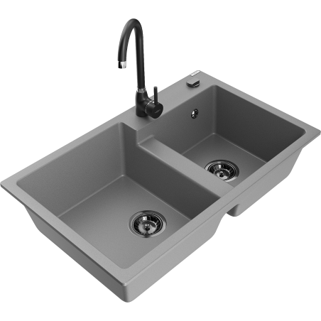Mexen Tomas granite sink 2-bowl with Telma kitchen tap, grey - 6516-71-670200-70-B
