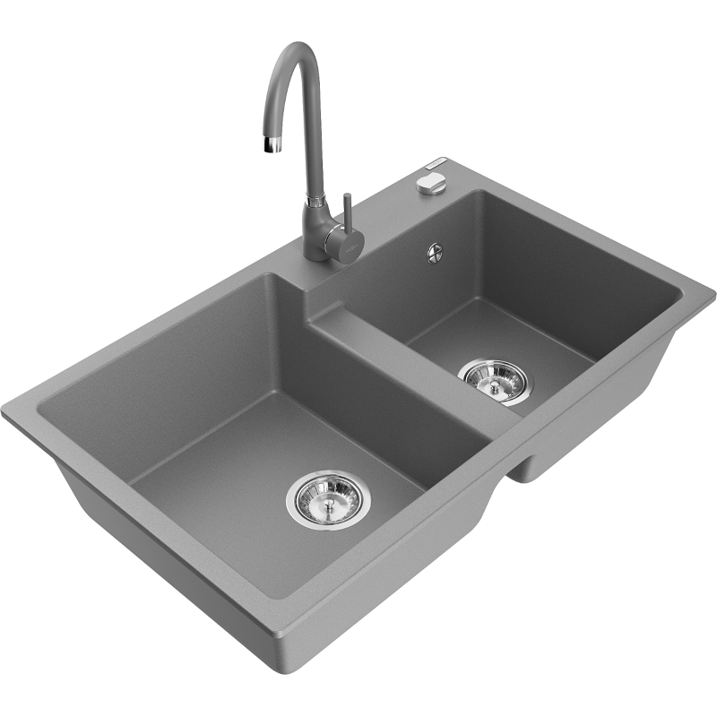 Mexen Tomas fregadero de granito de 2 cámaras con grifo de cocina Telma, gris - 6516-71-670200-71