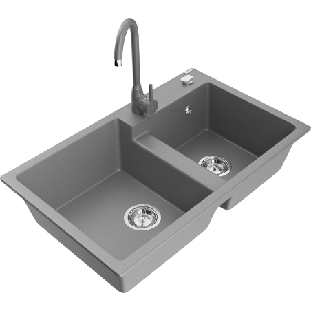 Mexen Tomas évier en granit à 2 bacs avec robinet de cuisine Telma, gris - 6516-71-670200-71