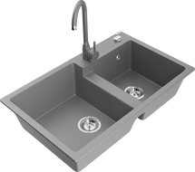Mexen Tomas granite kitchen sink 2-bowl with Telma kitchen tap, grey - 6516-71-670200-71