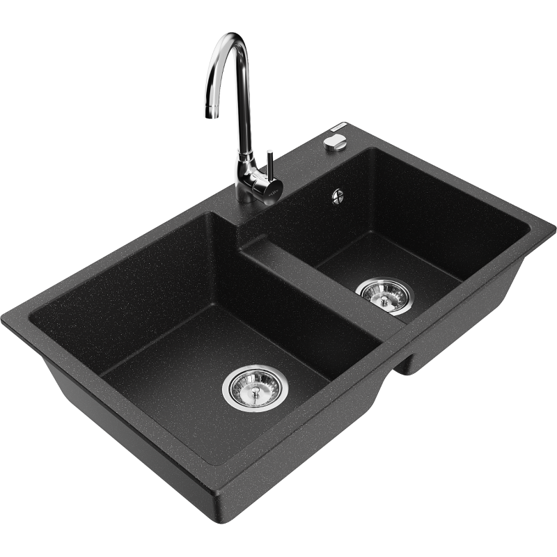 Mexen Tomas fregadero de granito de 2 senos con grifo de cocina Telma, negro/metalizado plateado - 6516-73-670200-00
