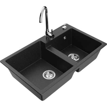 Mexen Tomas granieten gootsteen met 2 kamers en keukenkraan Telma, zwart/zilver metallic - 6516-73-670200-00