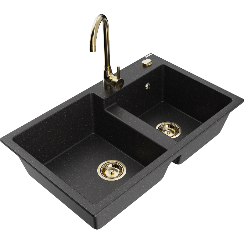 Mexen Tomas granieten gootsteen 2-kamer met keukenkraan Telma, zwart/zilver metallic - 6516-73-670200-50