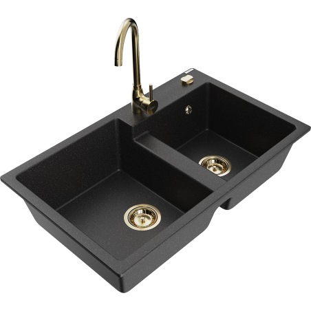 Mexen Tomas 2-bowl granite sink with Telma kitchen tap, black/silver metallic - 6516-73-670200-50