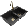 Mexen Tomas 2-bowl granite sink with Telma kitchen tap, black/silver metallic - 6516-73-670200-50