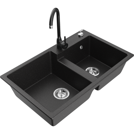 Mexen Tomas 2-kamer granieten gootsteen met Telma keukenmengkraan, zwart/zilver metallic - 6516-73-670200-70