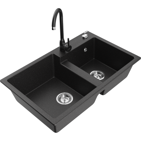 Mexen Tomas granite sink with 2 bowls and Telma kitchen tap, black/silver metallic - 6516-73-670200-70