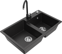 Mexen Tomas granite sink with 2 bowls and Telma kitchen tap, black/silver metallic - 6516-73-670200-70
