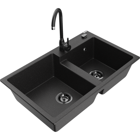 Mexen Tomas granieten spoelbak met 2 compartimenten en Telma keukenkraan, zwart/zilver metallic - 6516-73-670200-70-B