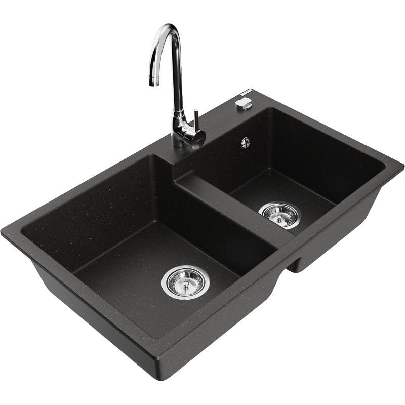Mexen Tomas fregadero de granito de 2 compartimentos con grifo de cocina Telma, negro/oro metálico - 6516-75-670200-00