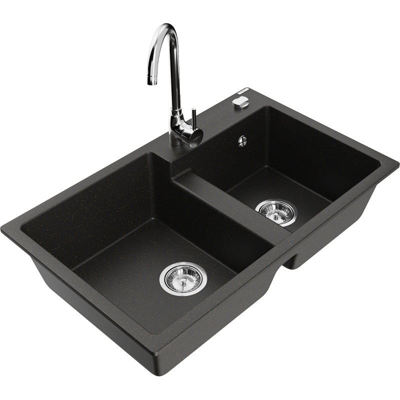 Mexen Tomas granieten gootsteen met 2 kamers en keukenmengkraan Telma, zwart/goud metallic - 6516-75-670200-00
