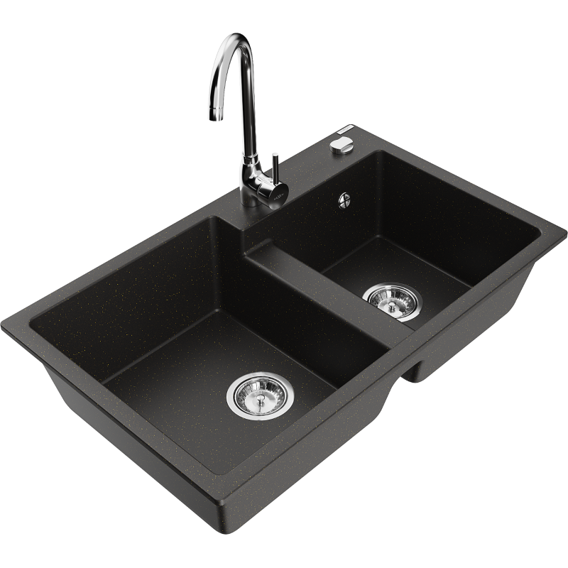 Mexen Tomas lava-loiça de granito 2-cubas com torneira de cozinha Telma, preto/dourado metálico - 6516-75-670200-00