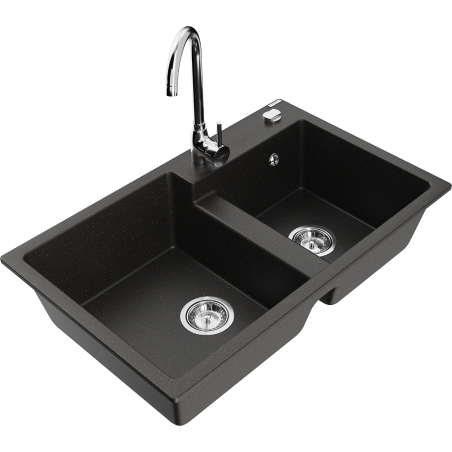 Mexen Tomas fregadero de granito de 2 compartimentos con grifo de cocina Telma, negro/oro metálico - 6516-75-670200-00