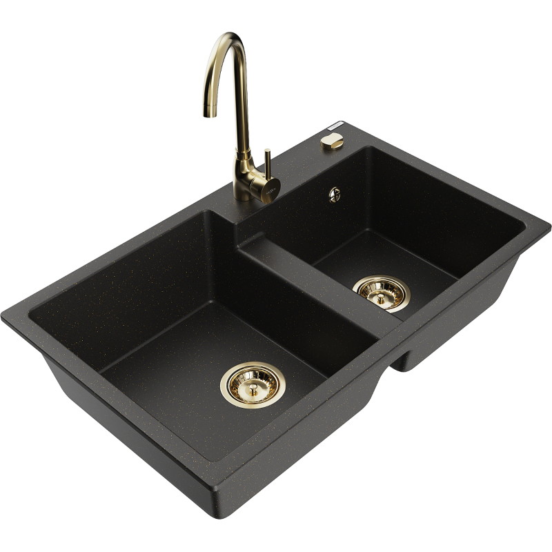 Mexen Tomas fregadero de granito de 2 compartimentos con grifo de cocina Telma, negro/dorado metálico - 6516-75-670200-50