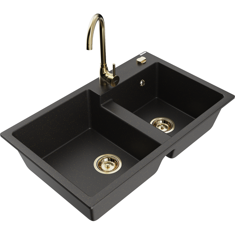 Mexen Tomas granieten gootsteen 2-kamer met keukenkraan Telma, zwart/gouden metallic - 6516-75-670200-50