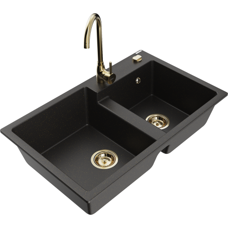 Mexen Tomas fregadero de granito de 2 compartimentos con grifo de cocina Telma, negro/dorado metálico - 6516-75-670200-50