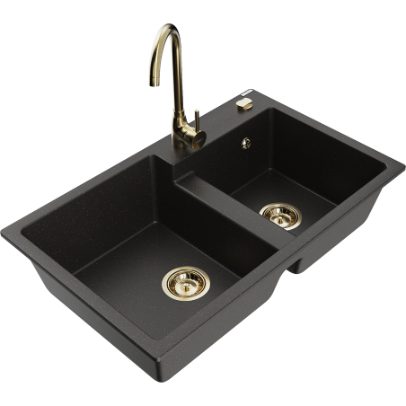Mexen Tomas granite double-bowl sink with Telma kitchen faucet, black/golden metallic - 6516-75-670200-50