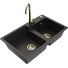 Mexen Tomas fregadero de granito de 2 compartimentos con grifo de cocina Telma, negro/dorado metálico - 6516-75-670200-50