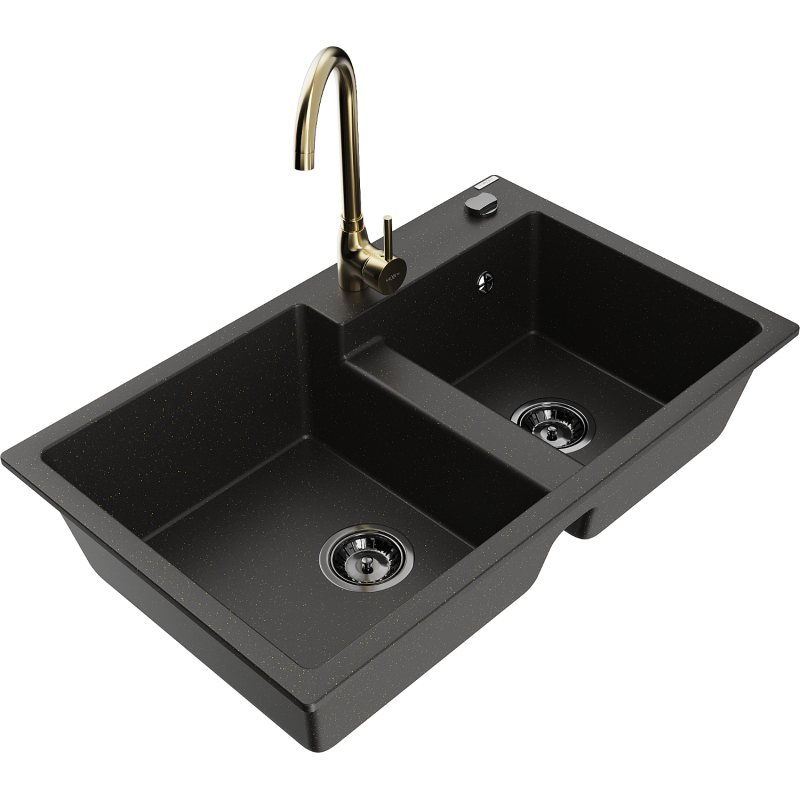 Mexen Tomas fregadero de granito de 2 cámaras con grifo de cocina Telma, negro/dorado metálico - 6516-75-670200-50-B