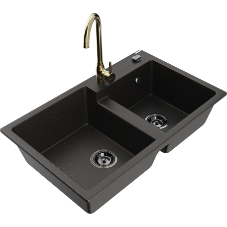 Mexen Tomas granieten spoelbak met 2 compartimenten en Telma keukenkraan, zwart/gouden metallic - 6516-75-670200-50-B