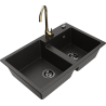 Mexen Tomas granieten spoelbak met 2 compartimenten en Telma keukenkraan, zwart/gouden metallic - 6516-75-670200-50-B