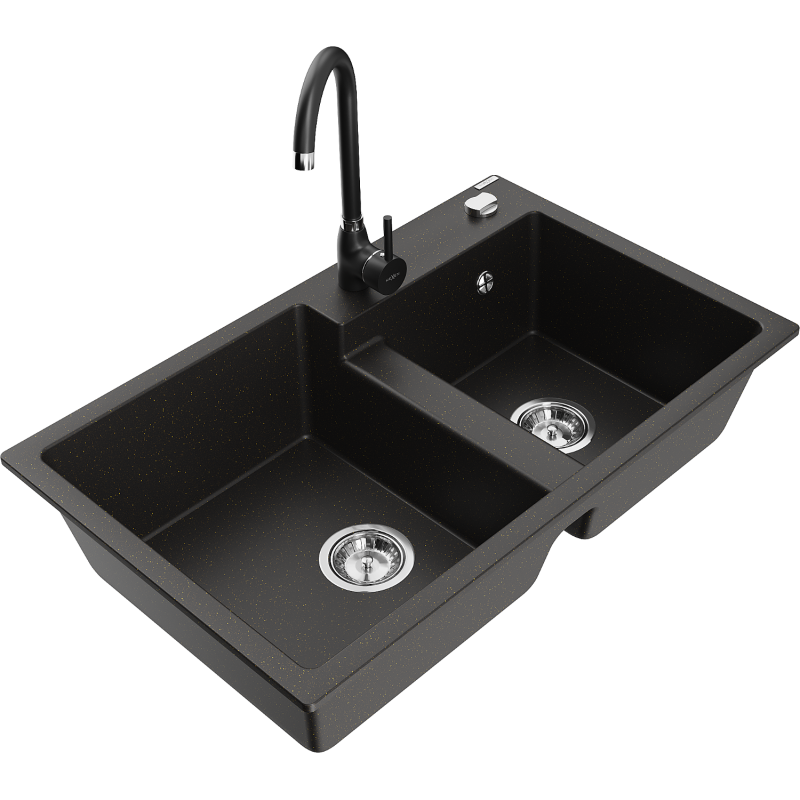 Mexen Tomas fregadero de granito 2 senos con grifo de cocina Telma, negro/dorado metálico - 6516-75-670200-70