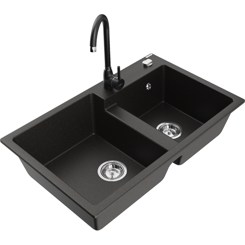 Mexen Tomas granite sink 2-bowl with Telma kitchen tap, black/gold metallic - 6516-75-670200-70
