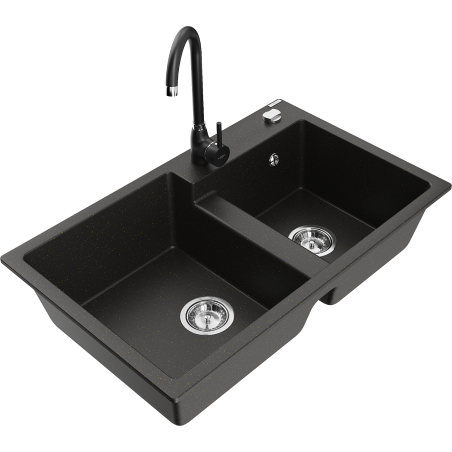 Mexen Tomas fregadero de granito de 2 compartimentos con grifo de cocina Telma, negro/dorado metálico - 6516-75-670200-70