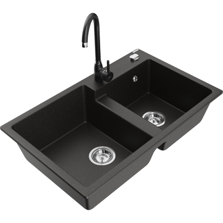 Mexen Tomas granite sink 2-bowl with Telma kitchen tap, black/gold metallic - 6516-75-670200-70