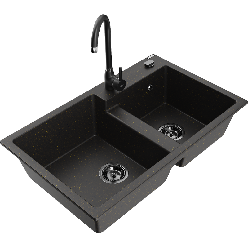 Mexen Tomas granite kitchen sink 2-bowl with Telma kitchen tap, black/gold metallic - 6516-75-670200-70-B
