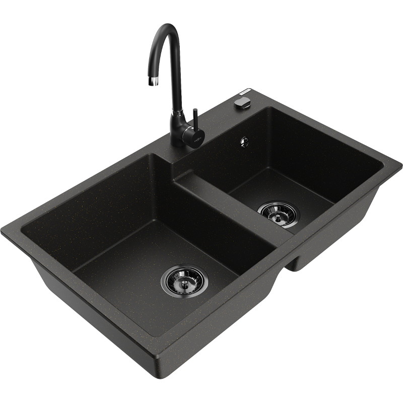 Mexen Tomas Granitspüle 2-Kammer mit Küchenarmatur Telma, schwarz/gold Metallic - 6516-75-670200-70-B