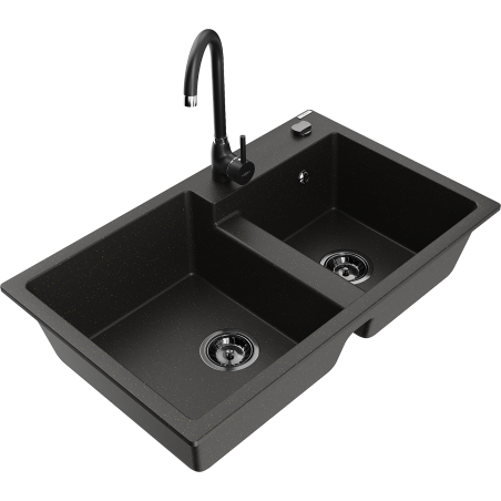 Mexen Tomas 2-kamer granieten gootsteen met keukenkraan Telma, zwart/goud metallic - 6516-75-670200-70-B