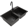 Mexen Tomas granite kitchen sink 2-bowl with Telma kitchen tap, black/gold metallic - 6516-75-670200-70-B