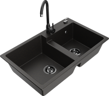 Mexen Tomas lavello in granito a 2 camere con rubinetto da cucina Telma, nero/oro metallizzato - 6516-75-670200-70-B