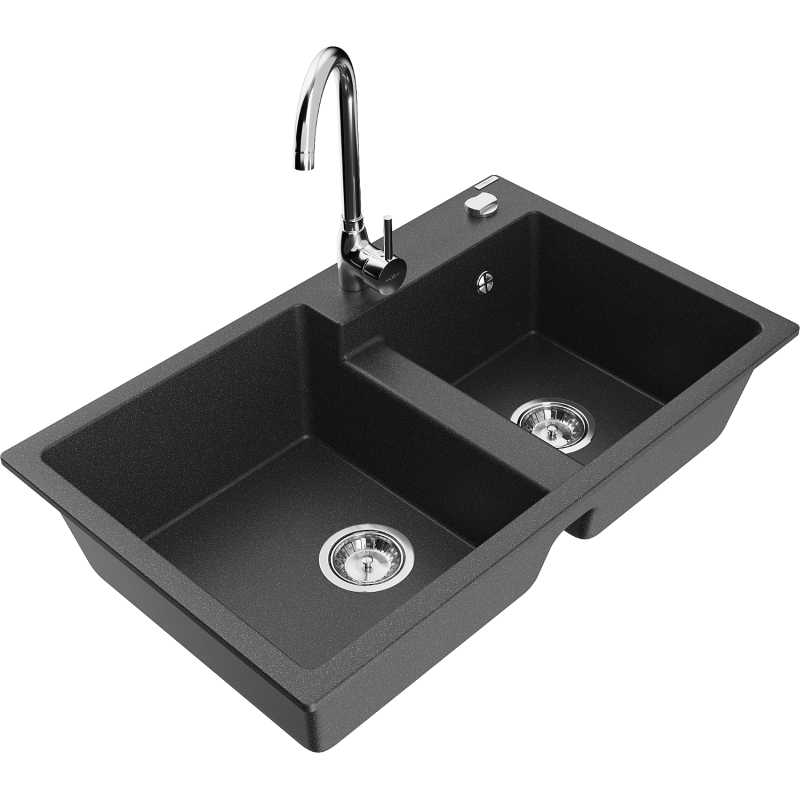Mexen Tomas fregadero de granito de 2 senos con grifo de cocina Telma, negro moteado - 6516-76-670200-00