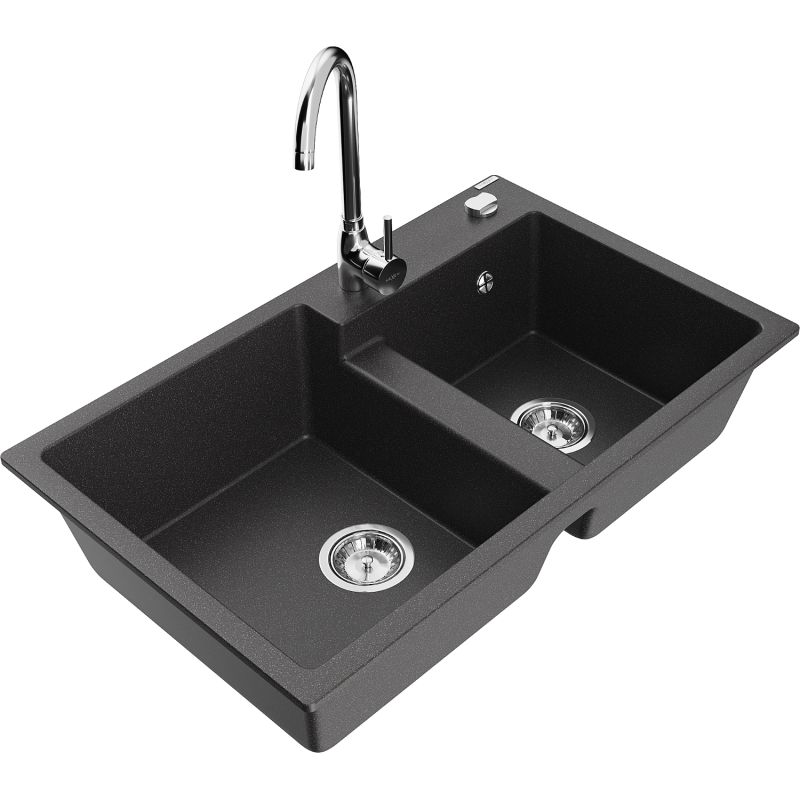 Mexen Tomas lava-loiça de granito de 2 cubas com torneira de cozinha Telma, preto salpicado - 6516-76-670200-00