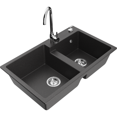 Mexen Tomas granite sink 2-chamber with Telma kitchen tap, black speckled - 6516-76-670200-00
