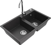 Mexen Tomas granite sink 2-chamber with Telma kitchen tap, black speckled - 6516-76-670200-00