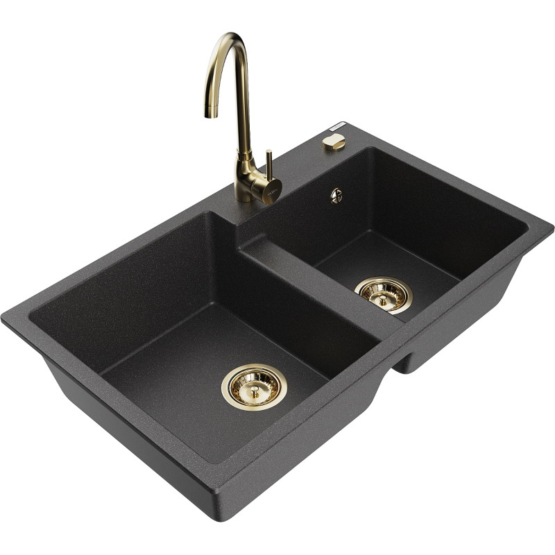 Mexen Tomas fregadero de granito de 2 senos con grifo de cocina Telma, negro moteado - 6516-76-670200-50