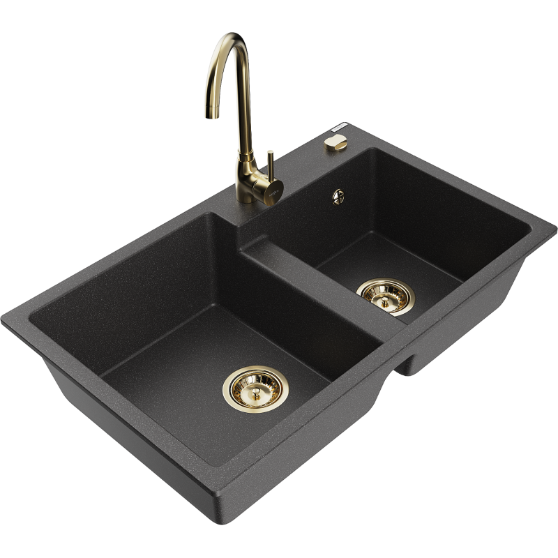 Mexen Tomas granite 2-bowl sink with Telma kitchen tap, black speckled - 6516-76-670200-50