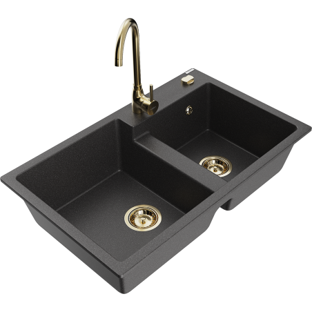 Mexen Tomas granite 2-bowl sink with Telma kitchen tap, black speckled - 6516-76-670200-50
