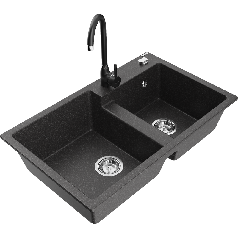 Mexen Tomas fregadero de granito de 2 compartimentos con grifo de cocina Telma, negro moteado - 6516-76-670200-70