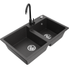 Mexen Tomas fregadero de granito de 2 compartimentos con grifo de cocina Telma, negro moteado - 6516-76-670200-70