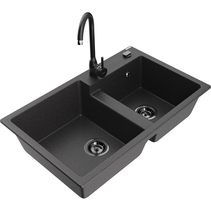 Mexen Tomas fregadero de granito de 2 compartimentos con grifo de cocina Telma, negro moteado - 6516-76-670200-70-B