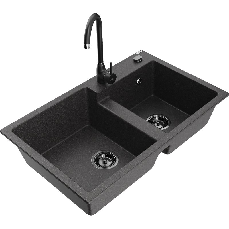 Mexen Tomas fregadero de granito de 2 senos con grifo de cocina Telma, negro moteado - 6516-76-670200-70-B