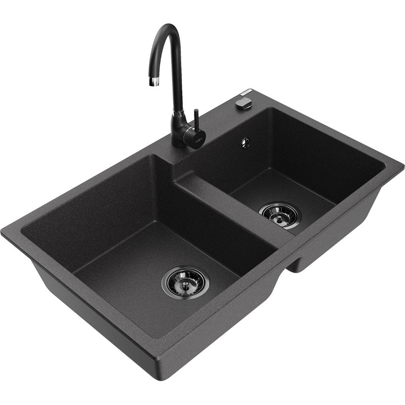 Mexen Tomas Granit-Spullsteen mat 2 Schankaaren mat Kichenkran Telma, schwaarz gesprenkelt - 6516-76-670200-70-B