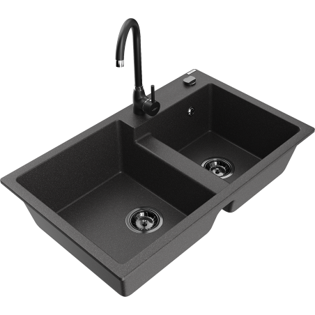 Mexen Tomas fregadero de granito de 2 compartimentos con grifo de cocina Telma, negro moteado - 6516-76-670200-70-B