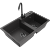 Mexen Tomas granite double-bowl sink with Telma kitchen faucet, speckled black - 6516-76-670200-70-B