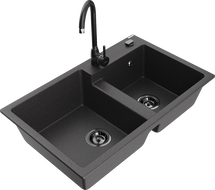 Mexen Tomas granite sink 2-bowl with Telma kitchen tap, black speckled - 6516-76-670200-70-B